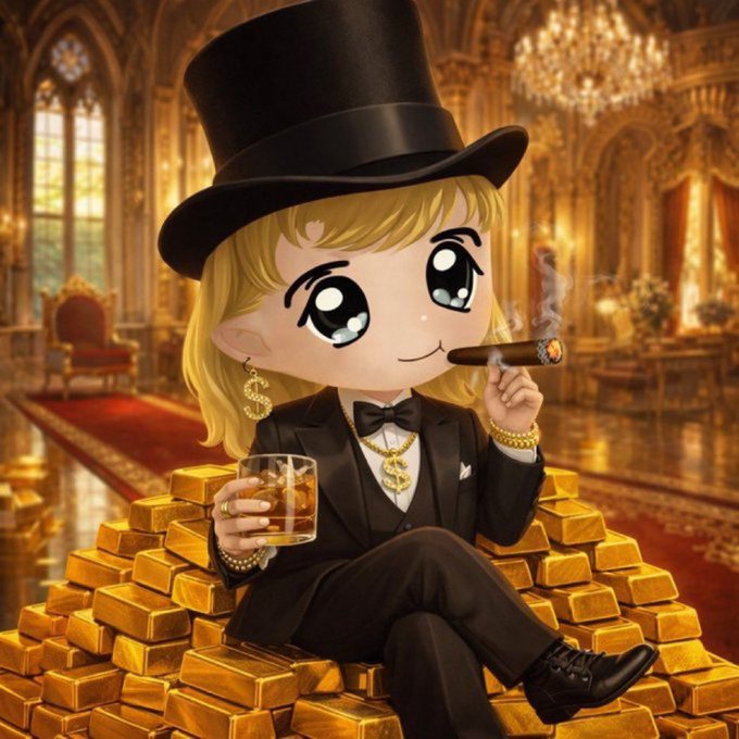 A chibi-style illustration shows a blonde character in a tuxedo and top hat, sitting atop a pile of gold bars while smoking a cigar and holding a whiskey glass, set against a lavish palace interior. The image visually reinforces the "$ZAN LAUNCH IN 120 MINS DROP YOUR WALLETS" message by projecting an aura of wealth, exclusivity, and high-status celebration, urging viewers to get ready to buy in.