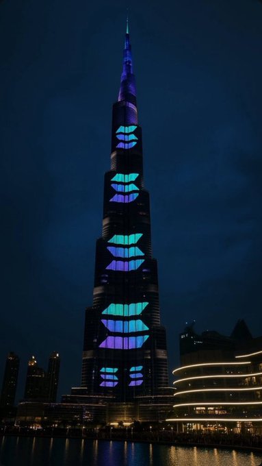 The Burj Khalifa is illuminated with vibrant blue and purple lights, creating a striking visual spectacle against the night sky. This dazzling display aligns with the celebration of $SOL hitting $100, symbolizing a milestone achievement.
