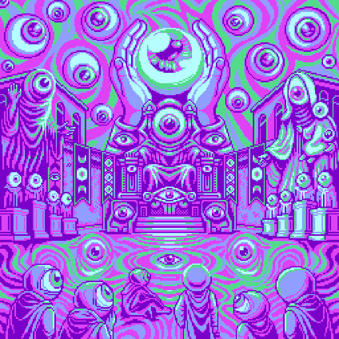 Pixel art illustration in neon purple, pink, and green depicting a surreal mystical temple with floating eyes, hands holding a crystal ball, and robed figures gathered below.