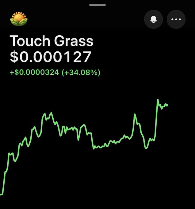 A mobile crypto trading screen displays a token named 'Touch Grass' at $0.000127, up +34.08%, with an upward trending green chart.