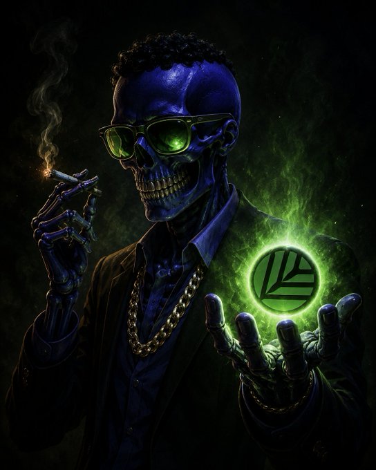 A stylized digital artwork of a blue-skinned skeleton wearing sunglasses and a gold chain, smoking a cigarette and holding a glowing green orb in its hand.