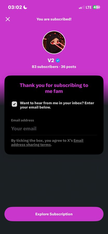 A mobile app confirmation screen with a purple background stating 'You are subscribed!' to account 'V2' (83 subscribers, 36 posts), offering an email opt-in checkbox and an 'Explore Subscription' button.