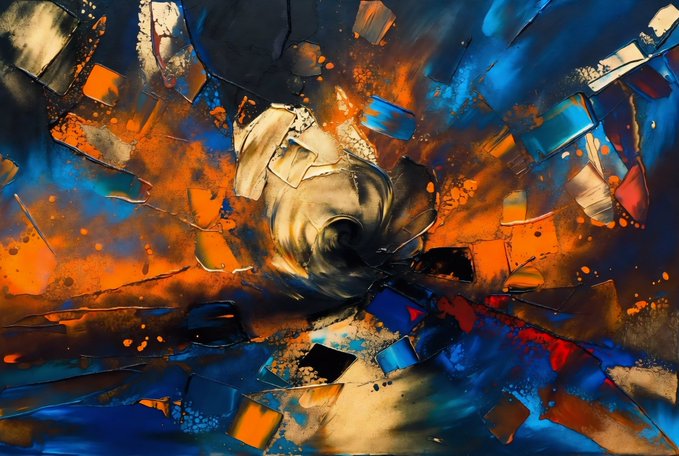 An abstract digital painting featuring a swirling central vortex surrounded by explosive splashes of orange, blue, white, and black colors.