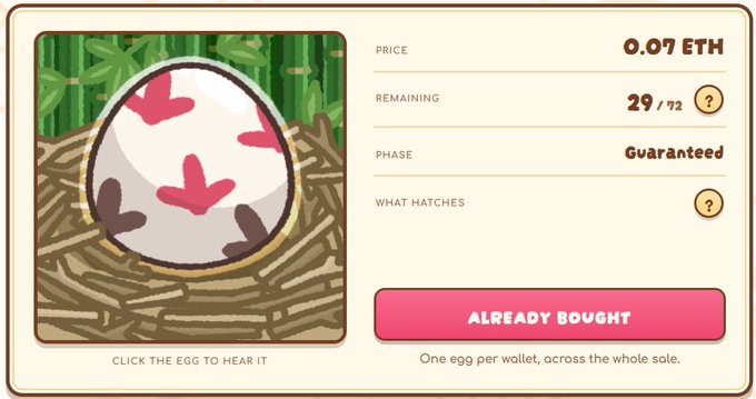 An NFT marketplace interface displays a white egg with pink and brown markings in a nest, priced at 0.07 ETH with 29/72 remaining in a 'Guaranteed' phase, showing 'ALREADY BOUGHT' and 'CLICK THE EGG TO HEAR IT'.