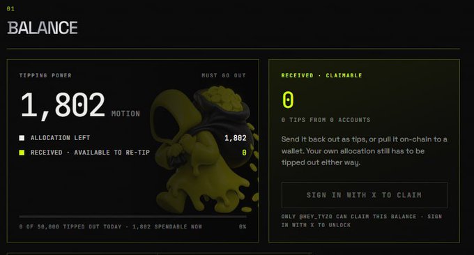 A 'BALANCE' dashboard showing 1,802 MOTION tipping power with a green character graphic, indicating '0 RECEIVED CLAIMABLE' and requiring sign-in with X (Twitter) to claim.