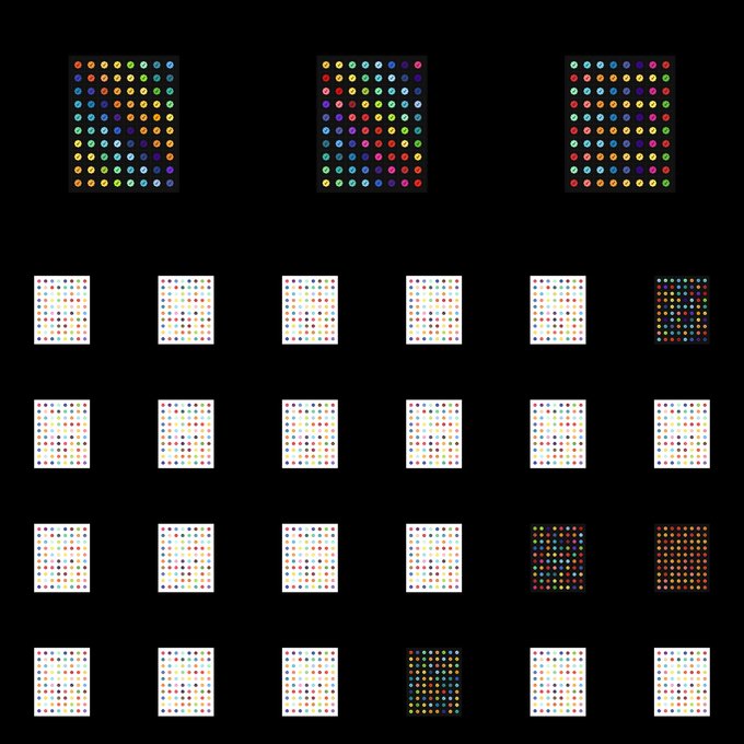 A dark background featuring three grids of colorful dots at the top and several rows of smaller thumbnail images of similar dot patterns below.