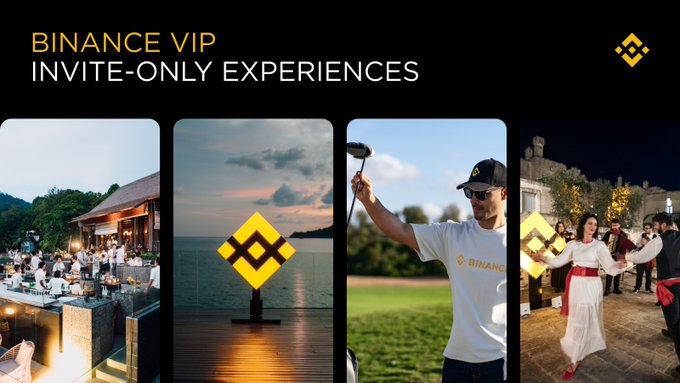 A promotional banner for "BINANCE VIP INVITE-ONLY EXPERIENCES" showcasing four scenes of exclusive events: a scenic dinner gathering, the Binance logo installation at sunset, a VIP holding a branded Binance microphone on a golf course, and a formal dance event. The image visually reinforces the post's message about VIP 6 membership perks, including priority invitations to exclusive events like dining, sports, and cultural experiences.