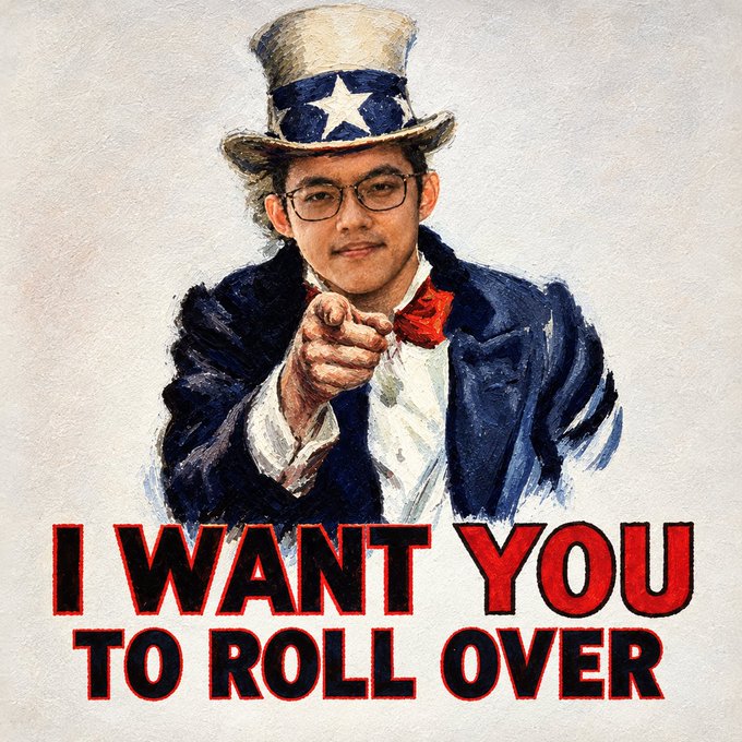 A meme image depicting a young man with glasses edited into the classic Uncle Sam 'I WANT YOU' pose, with modified text reading 'I WANT YOU TO ROLL OVER'.