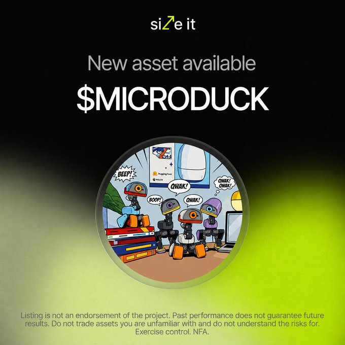 A Size It promotional graphic announces a new asset, “$MICRODUCK,” featuring cartoon duck-like characters in a circular image and a risk disclaimer: “Listing is not an endorsement… Do not trade assets you are unfamiliar with… NFA.”