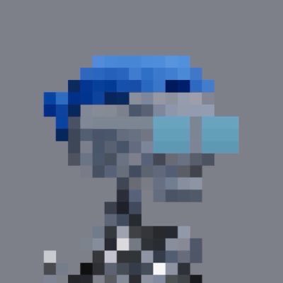 A low-resolution pixel art image showing a figure wearing a blue cap and blue visor against a gray background.
