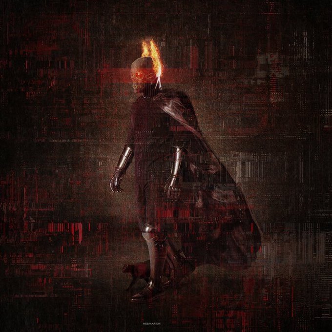 A dark, moody digital artwork depicting a figure with a flaming skull, wearing a long dark coat and metallic arm guards, standing in a shadowy red environment with glitch-like textures.