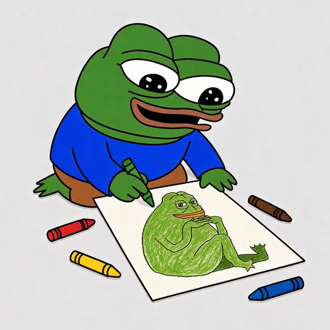 A green Pepe the Frog character wearing a blue shirt is drawing another green frog on a piece of paper with a green crayon, surrounded by scattered red, yellow, brown, and blue crayons.