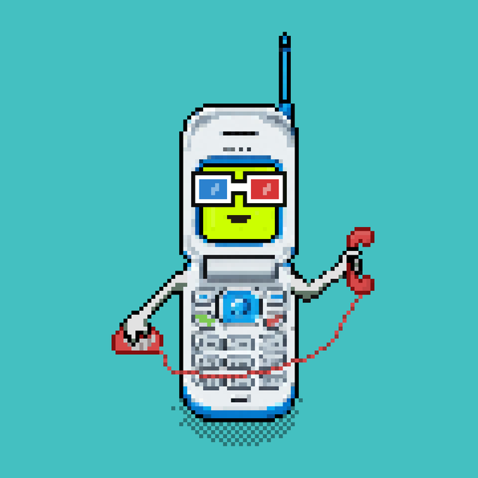 Pixel art illustration of an anthropomorphic mobile phone character with a smiley face, wearing 3D glasses and holding a red telephone receiver, set against a teal background.