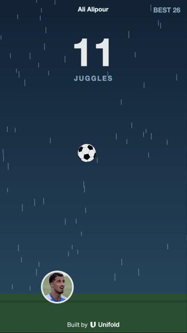 A screenshot of a soccer juggling app showing '11 JUGGLES' with a 'BEST 26' score, 'Ali Alipour' as the user, and a profile photo at the bottom.