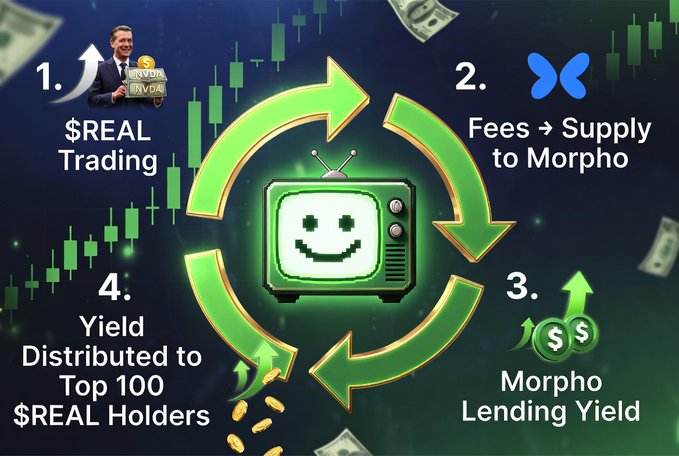 An infographic illustrating a $REAL token cycle showing: 1) $REAL Trading, 2) Fees to Morpho Supply, 3) Morpho Lending Yield, and 4) Yield distributed to Top 100 $REAL Holders, with a retro TV at the center.