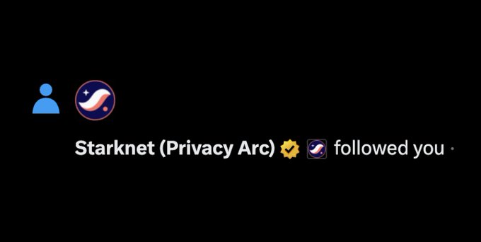 A dark-themed social media notification shows that "Starknet (Privacy Arc) 🌸" followed the user, aligning with the post's call to action "Let's be mutuals ? Reply below" to encourage new follow-backs.