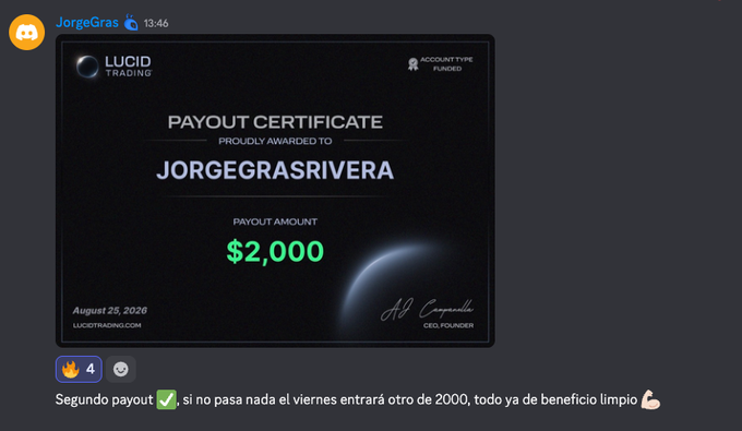 A Discord message from 'JorgeGras' displays a 'LUCID TRADING' payout certificate awarded to 'JORGEGRASRIVERA' for $2,000 on August 25, 2026, with Spanish text celebrating a second payout.