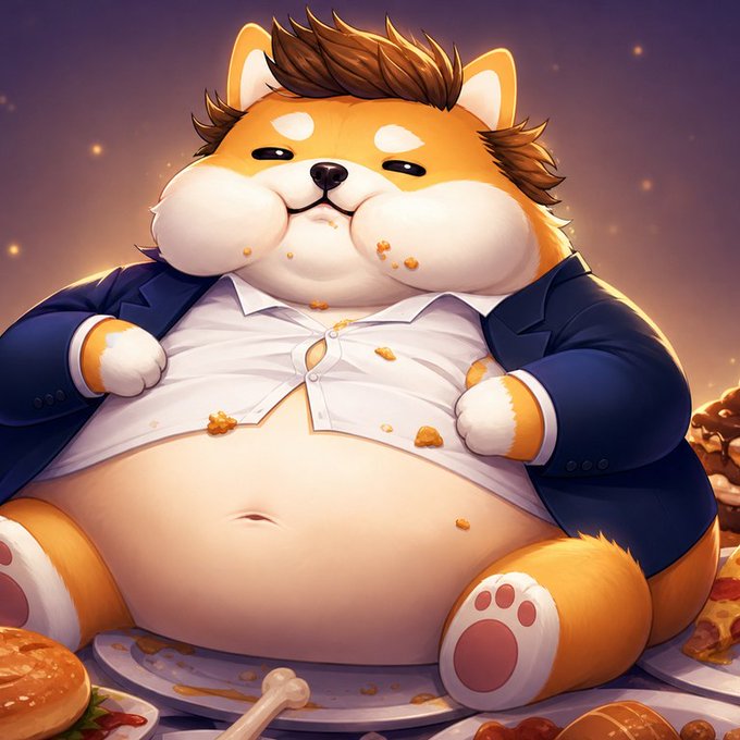 A digital illustration of a chubby, cartoonish Shiba Inu dog wearing a blue suit jacket and an unbuttoned white shirt, sitting amidst food crumbs with a satisfied expression.