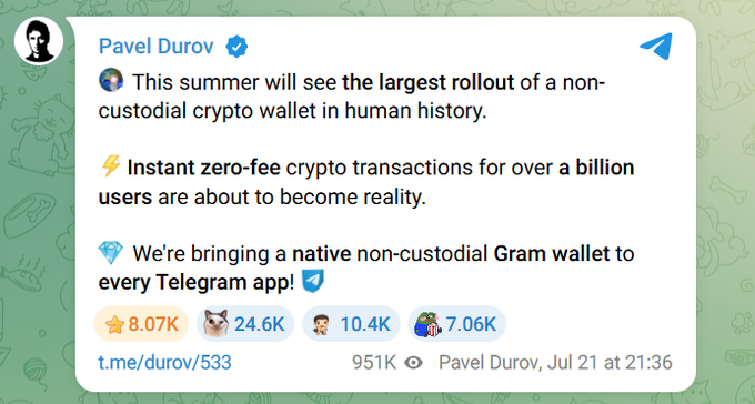 A screenshot of a Telegram post by Pavel Durov (@durov) announcing the largest rollout of a non-custodial crypto wallet in human history, featuring instant zero-fee transactions and a native Gram wallet, posted on Jul 21 at 21:36 with 951K views.