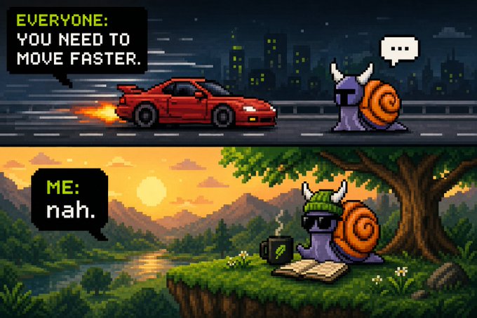 A two-panel pixel art meme where a snail calmly sits with coffee and a book in a peaceful sunset landscape, ignoring a speech bubble telling 'EVERYONE: YOU NEED TO MOVE FASTER' as a red sports car zooms by.