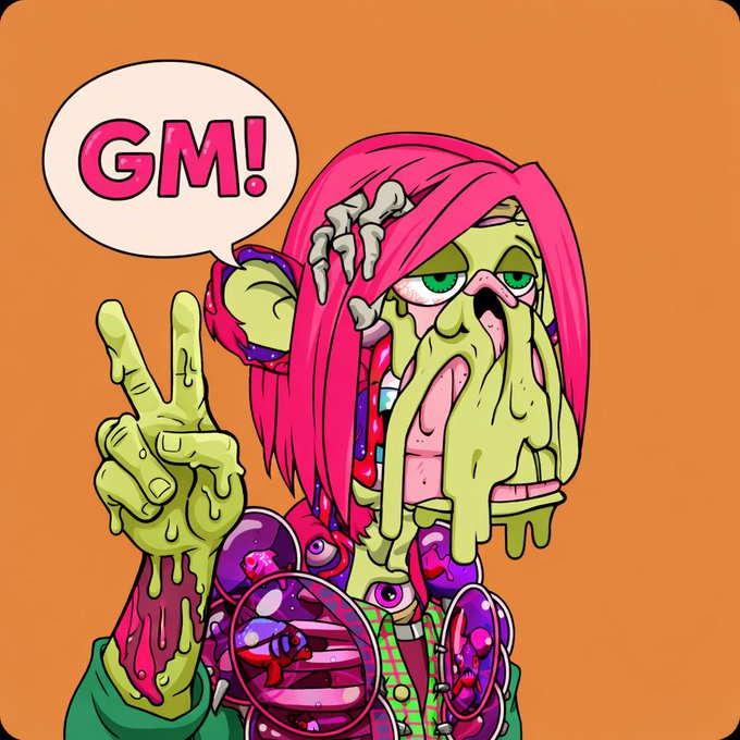 A colorful cartoon illustration of a green-skinned zombie-like character with pink hair, holding up a peace sign with one hand, with a speech bubble saying 'GM!' (Good Morning).