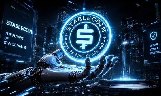 A futuristic graphic shows a robotic hand holding a glowing 'STABLECOIN' token with text reading 'THE FUTURE OF STABLE VALUE' and 'SECURE STABLE TRUSTED'.