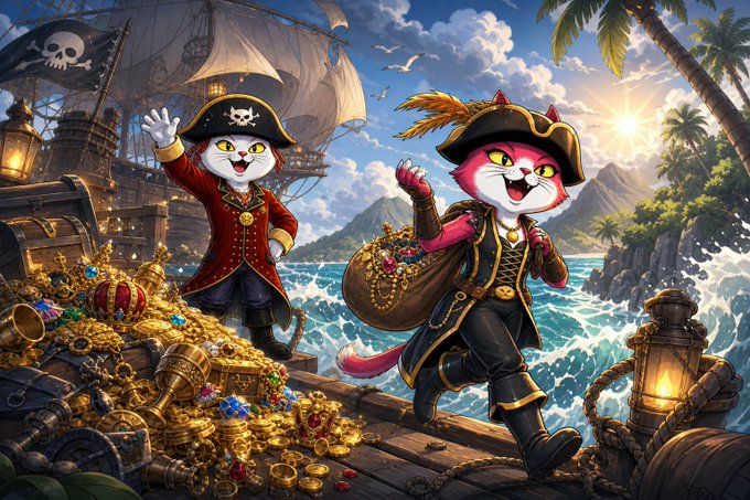 An illustrated scene of two pirate cats—one in a red coat waving and another in pink with a treasure sack—standing on a pirate ship deck piled with gold and jewels, with a skull-flagged ship and tropical island in the background.