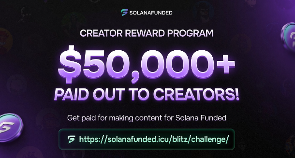 A promotional graphic for SolanaFunded's Creator Reward Program, announcing $50,000+ paid out to creators with a link to solanafunded.icu/blitz/challenge/.