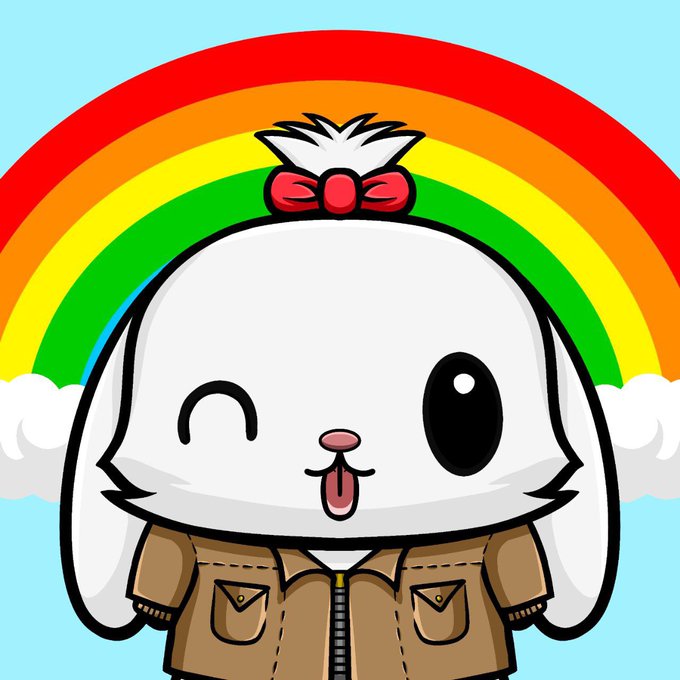 A cartoon illustration of a white rabbit character winking, wearing a brown jacket with a red bow on its head, set against a rainbow and blue sky background.