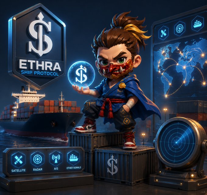 A stylized digital artwork featuring a chibi-style ninja character holding a glowing coin with a dollar sign, with 'ETHRA SHIP PROTOCOL' logo, set against a backdrop of a cargo ship and world map showing global trade routes.