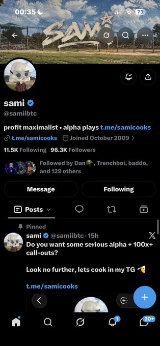 A Twitter/X profile page for @samiibtc ('profit maximalist • alpha plays') showing 11.5K Following, 96.3K Followers, with a pinned post advertising their Telegram channel at t.me/samicook.