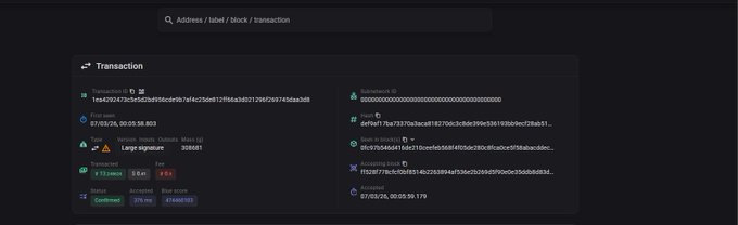 A dark-themed blockchain explorer interface displaying transaction details, including status (Confirmed), fee, accepting node, and account address.