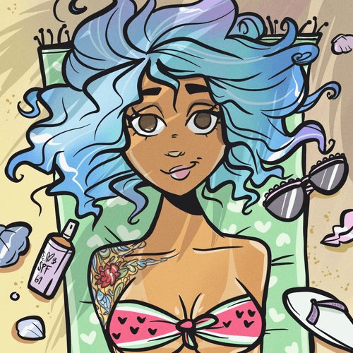 A cartoon-style illustration of a young woman with wild blue hair wearing a watermelon-patterned bikini top and sunglasses, lying on a beach towel.