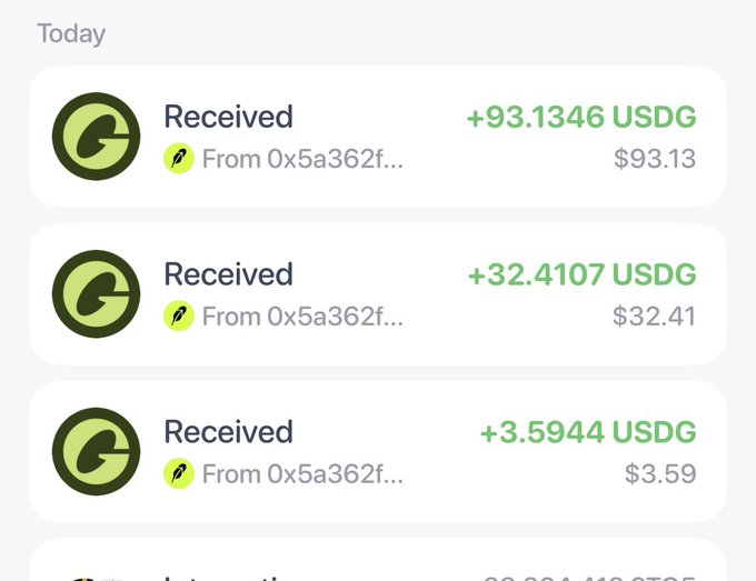 A mobile app interface showing a transaction history with three 'Received' entries in green, displaying '+93.1346 USDG ($93.13)', '+32.4107 USDG ($32.41)', and '+3.5944 USDG ($3.59)' all from '0x5a362f...'.