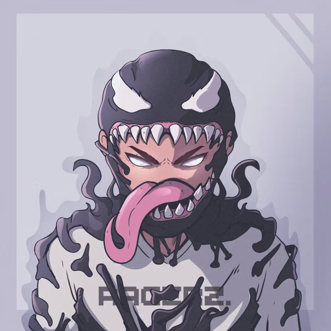 An anime-style illustration of a menacing character with sharp jagged teeth, glowing white eyes, a pink tongue hanging out, and dark tendrils surrounding the head, wearing a white shirt.