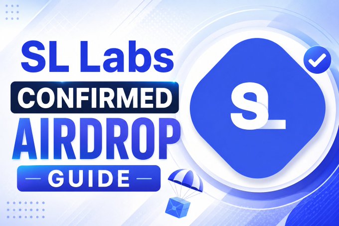 A promotional graphic titled "SL Labs CONFIRMED AIRDROP - GUIDE" featuring a blue hexagon logo with "SL" branding and a parachute delivering a package, visually reinforcing the post's announcement of SL Labs' (@savethelife_SL) live airdrop campaign tied to their Health DePIN ecosystem powered by the $SL token.