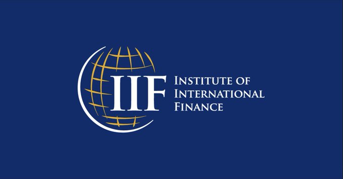 The image displays the logo of the Institute of International Finance (IIF) on a dark blue background, featuring a gold globe encircling the letters "IIF." This aligns with the post's claim that Hedera is the only blockchain member of the IIF, the largest global banking and finance association.
