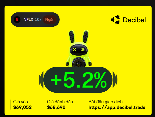 A yellow promotional graphic from Decibel featuring a cartoon rabbit toy with X eyes, advertising NFLX stock with '+5.2%', entry price $69,052 and marked price $68,690.