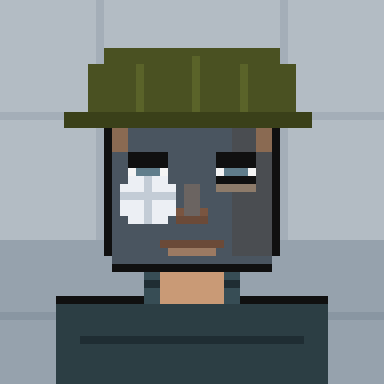 A pixel-art character avatar featuring a dark-skinned figure with a green bucket hat, a white patch over one eye, and a dark outfit.