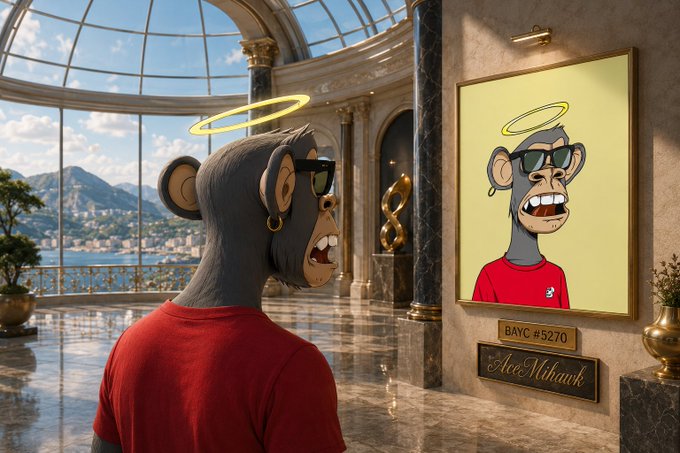 An ape wearing sunglasses, a gold halo, and a red shirt admires its framed portrait on display in an elegant museum setting overlooking a coastal view, with a plaque reading "BAYC #5270" and "ApeMihawk" beneath the artwork.