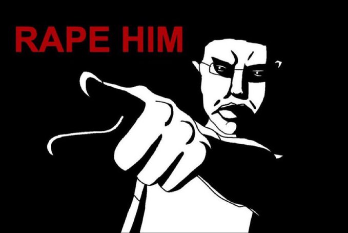 A black and white cartoon illustration of a stern man pointing, with the red text 'RAPE HIM' above him.