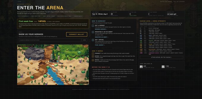 A dark-themed video game or web application interface titled 'ENTER THE ARENA' with sections for weekly events, career levels, and arena strength, featuring an isometric map view.