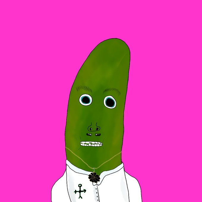A digital drawing depicts a character with a long green pickle-like head, wide eyes, and a nervous smile, wearing a white collared shirt with a cross pendant against a hot pink background.