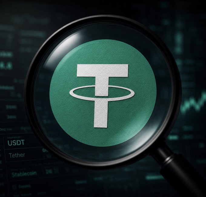 A magnifying glass zooms in on the green Tether (USDT) logo against a dark trading screen, visually emphasizing the scrutiny and regulatory pressure facing the stablecoin. The faint text "USDT," "Tether," and "Stablecoin" in the background reinforces the looming July 2028 GENIUS Act compliance deadline that could see Tether delisted from U.S. exchanges.
