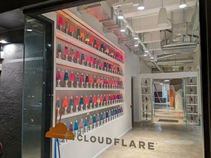A wall of lava lamps is displayed at Cloudflare, symbolizing that random, unpredictable elements like dice rolls aren't sufficient for robust Bitcoin security.