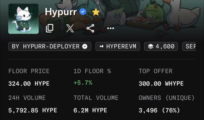 The image displays a page that includes information about Hypurr, an item being sold for 300 yen. It also contains a screenshot of an animated cartoon cat with a duck as its companion. There's an overlay text that says "Hypurrは1枚 300万円以上するのに大量購入する人が増えてきてまたフロア反発し始めた。エアドロ降ってきたらまじで勝ち！ $HYPERRD". The image seems to be part of a post related to Hypurr or hypurr-related content, possibly about an advertisement or discussion.