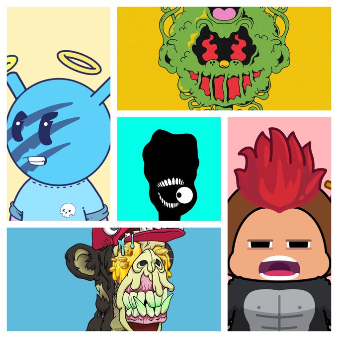 A collage of five quirky, cartoon-style NFT characters—one with a halo, a green zombie-like face, a black toothy creature, a fiery red-haired figure, and a grimacing monkey—appears in the post promoting the purchase of Quirkie, Wackyville, Chimpers, Dysfunctional, or MAYC NFTs in order to commission custom art from @tjthecreator_.

No readable text, numbers, tickers, or names are visible in the image itself.