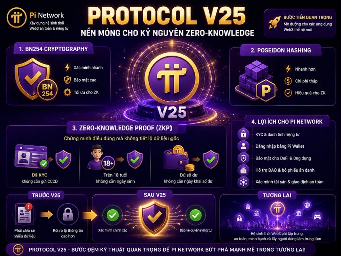 An infographic about 'PROTOCOL V25' for Pi Network in Vietnamese, detailing BN254 cryptography, Poseidon hashing, Zero-Knowledge Proof (ZKP), and KYC features.