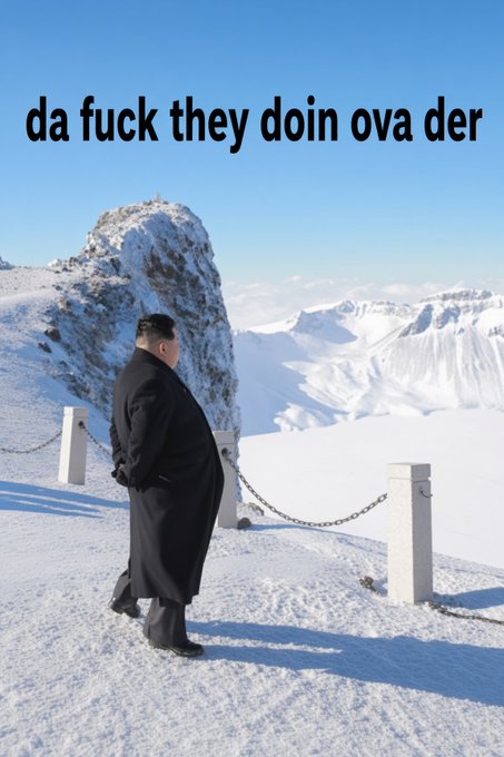A meme shows Kim Jong Un looking over a snowy mountain range with the text 'da fuck they doin ova der'.