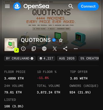 OpenSea NFT collection page for 'QUOTRONS' by CRUELHAND, showing 4,444 items with a floor price of 3.4898 ETH, 1D floor change of -11.6%, top offer of 3.05 ETH, and total volume of 3,872.24 ETH.